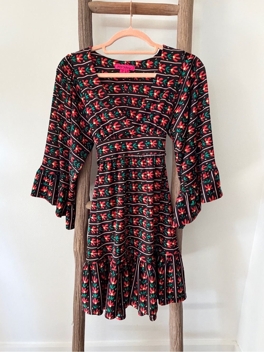 Betsey Johnson Y2K Black Midi Dress with Pink and Green Floral Stripes 🌺